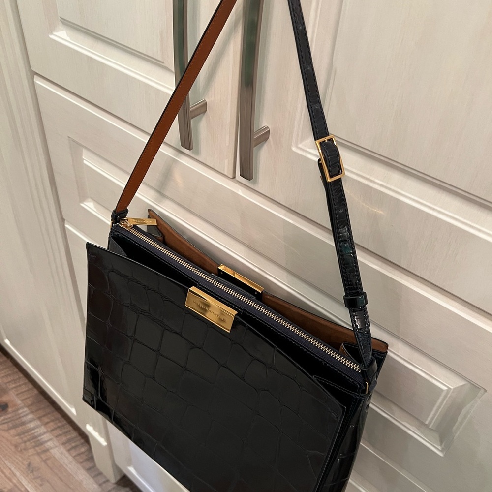 Stella McCartney Black Patent Croc-Embossed Shoulder Bag with Brown Strap - Picture 11 of 12